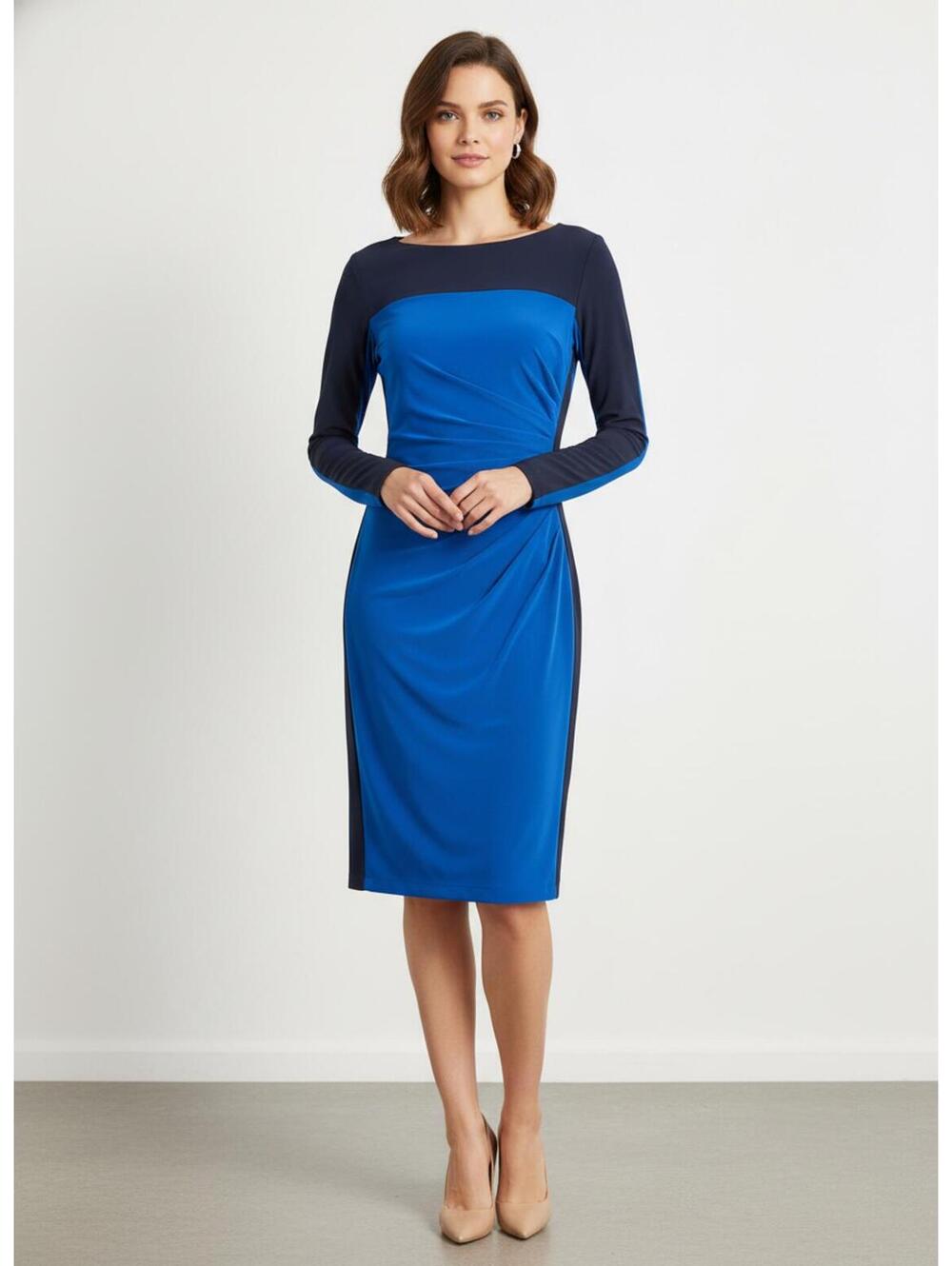 Lauren Ralph Lauren Blue and Navy Long Sleeve Ruched Sheath Dress - Size 6